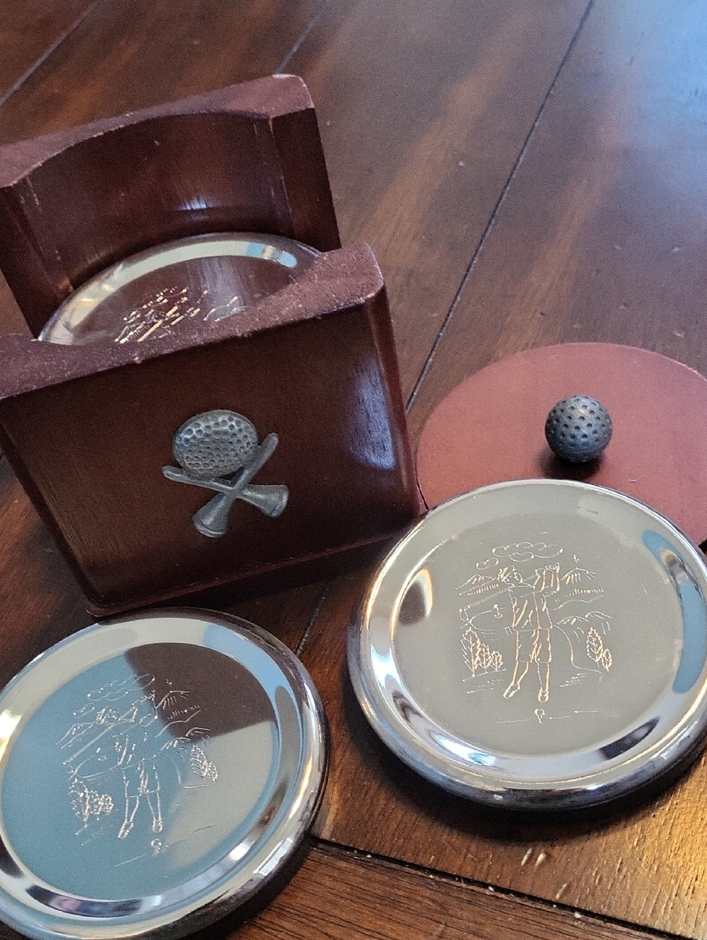 Leather Wooden Holder with Silver Golf-Themed Coasters - Brown